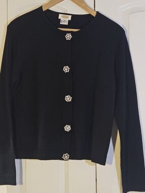 Talbots Women’s Cardigan XL 100% Merino Wool Black Classic Preppy Chic Vintage